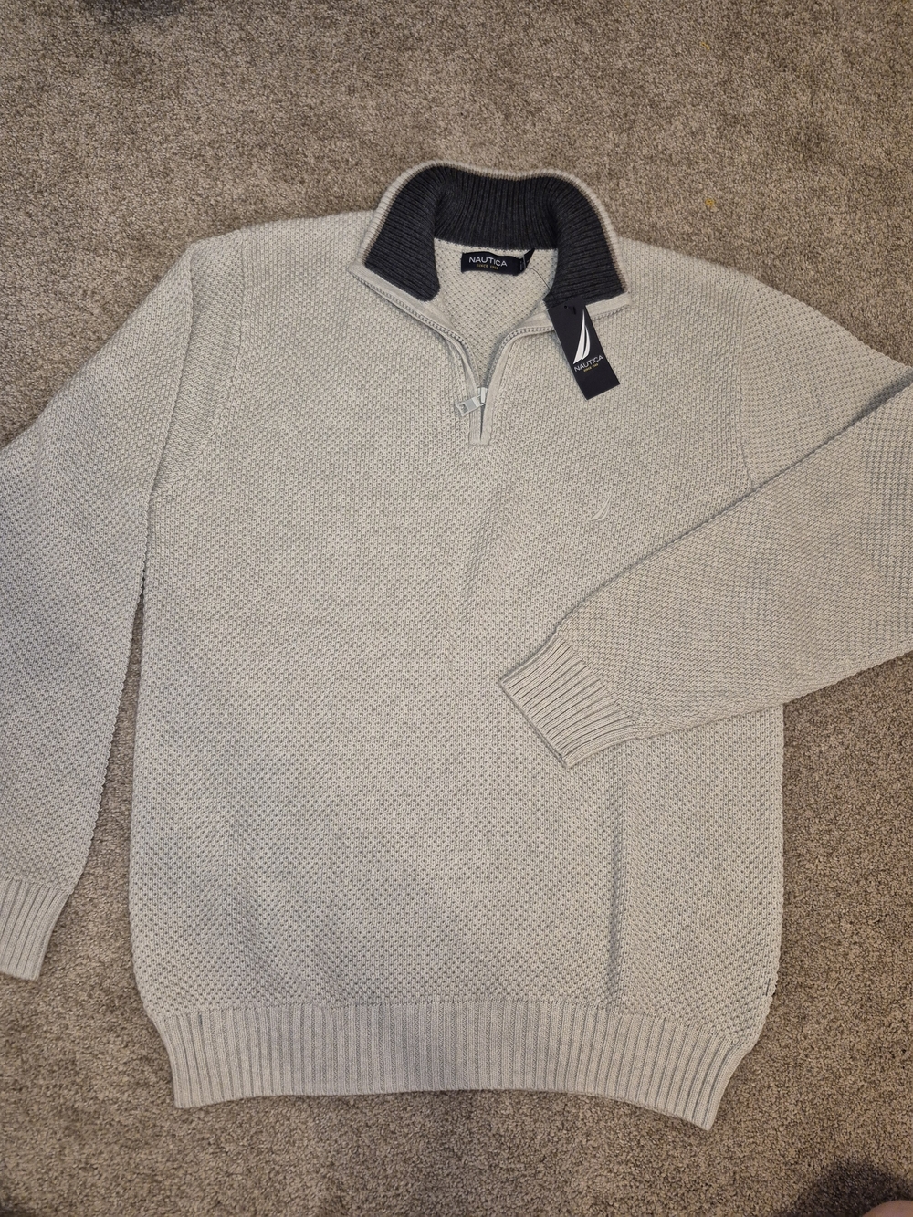 Vtg NWT New Nautica Men's Beige Half-Zip Textured Sweater Contrast Collar Large